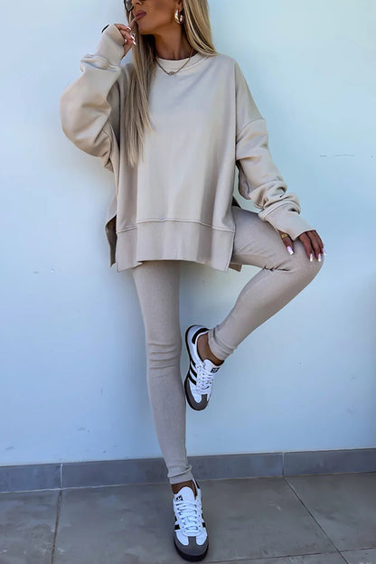 Color Loose Long Sleeve Slitsweatshirt and Elastic Waist Tight Pants Set