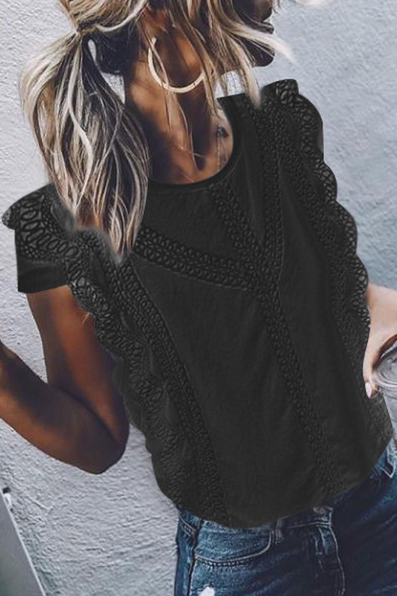 O Neck Lace Trim Patchwork Blouse