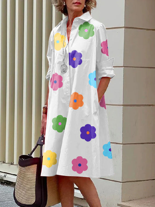 Long Sleeves Printed Lapel Midi Dresses
