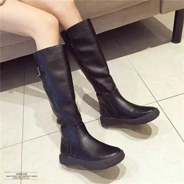Zipper Winter Fleeces Leather Flat Knee High Boots