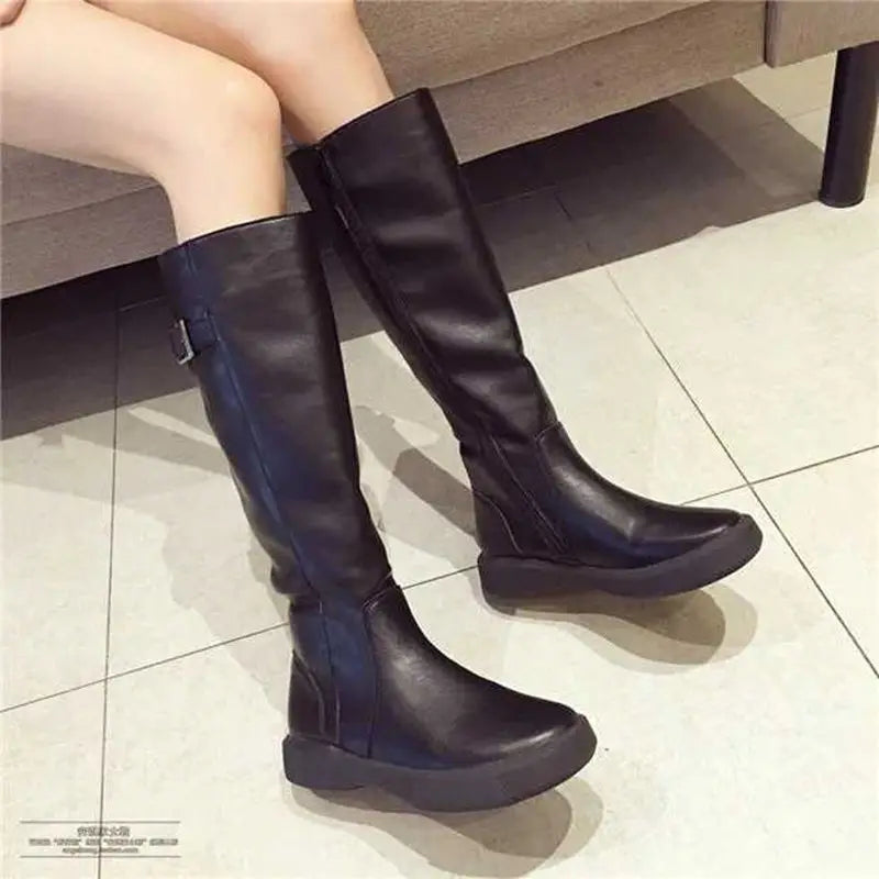 Zipper Winter Fleeces Leather Flat Knee High Boots
