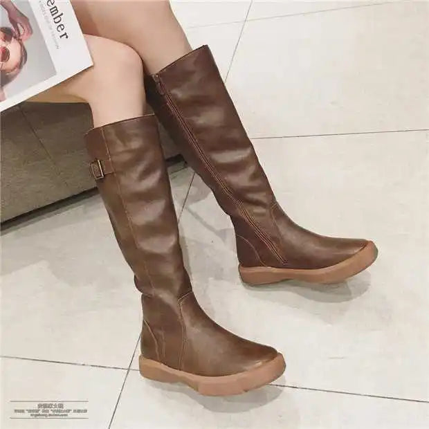 Zipper Winter Fleeces Leather Flat Knee High Boots