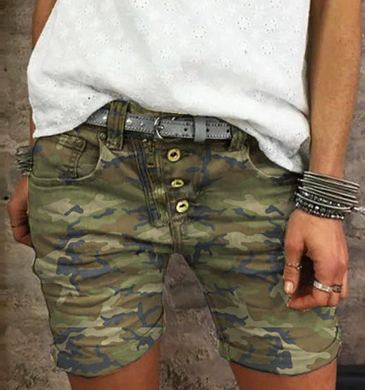 Moxidress Elastic Waist Buttons Skinny Camo Shorts