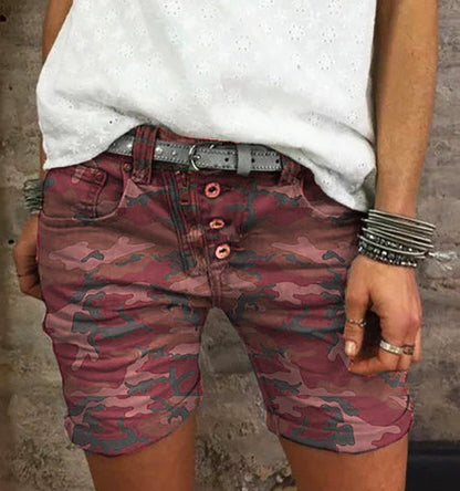 Moxidress Elastic Waist Buttons Skinny Camo Shorts