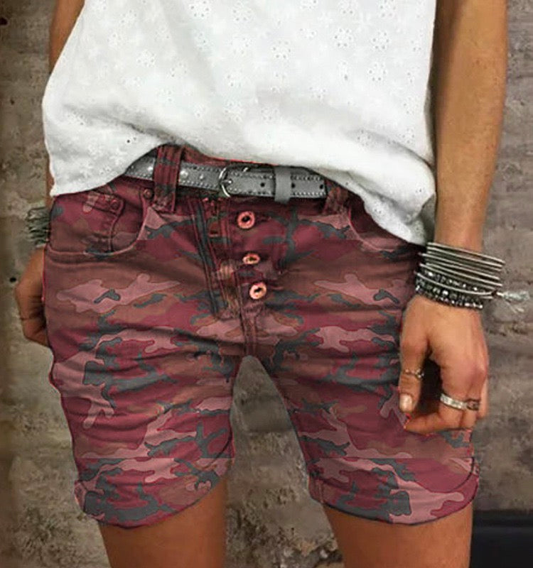 Moxidress Elastic Waist Buttons Skinny Camo Shorts