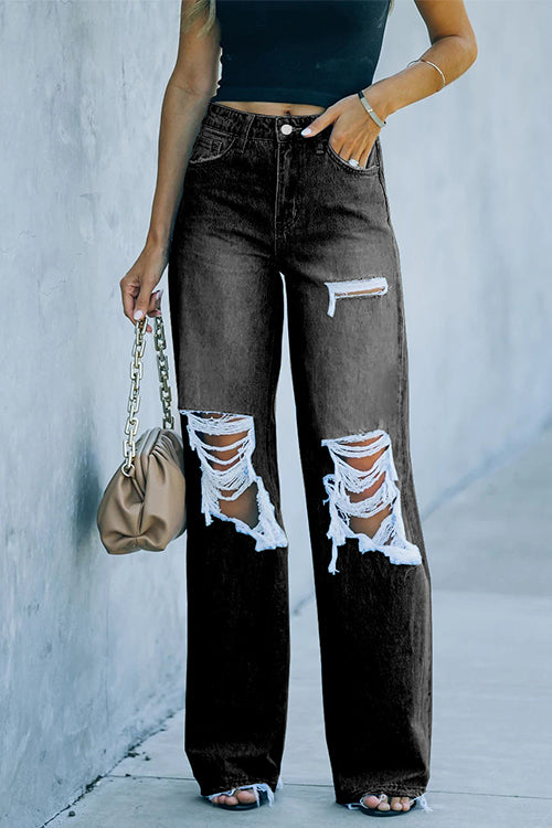 Moxidress One Button Straight Leg Ripped Denim Pants