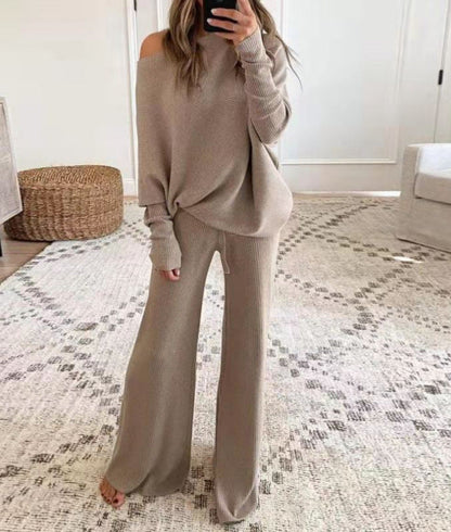 Moxidress Cold Shoulder Pullover and Tie Waist Pants Knit Set