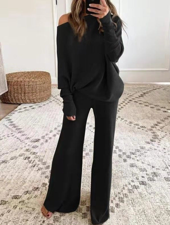 Moxidress Cold Shoulder Pullover and Tie Waist Pants Knit Set