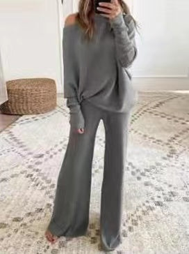 Moxidress Cold Shoulder Pullover and Tie Waist Pants Knit Set