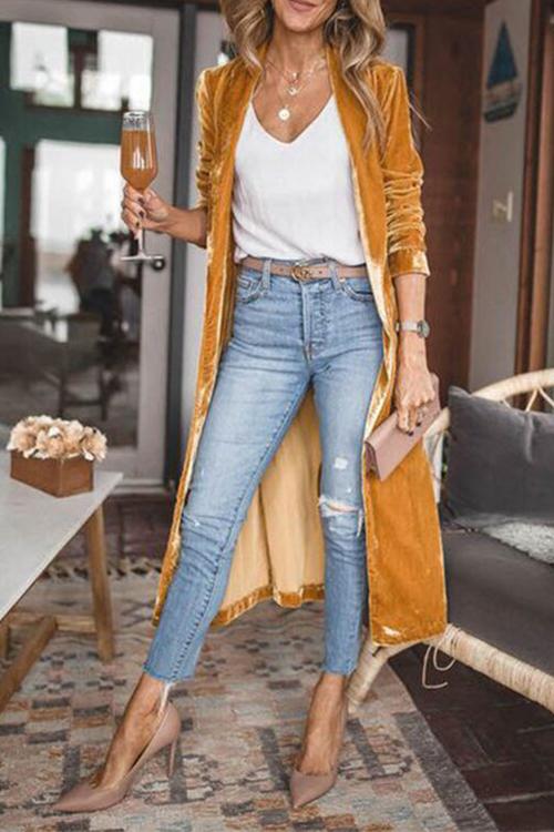 Moxidress Lapel Open Front Long Velvet Coat