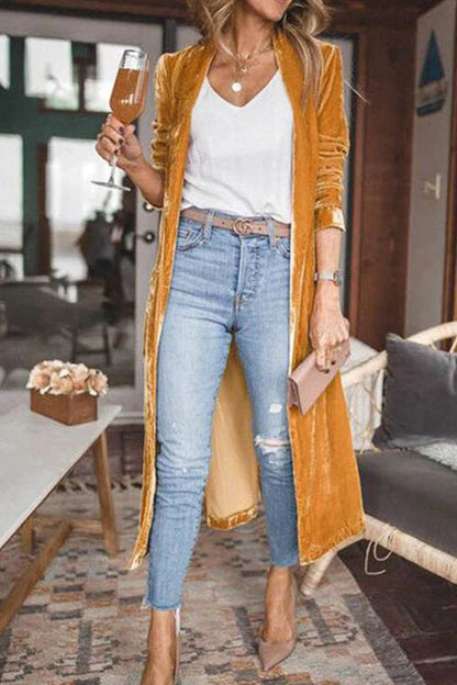 Chicest Lapel Open Front Long Sleeve Velvet Coat