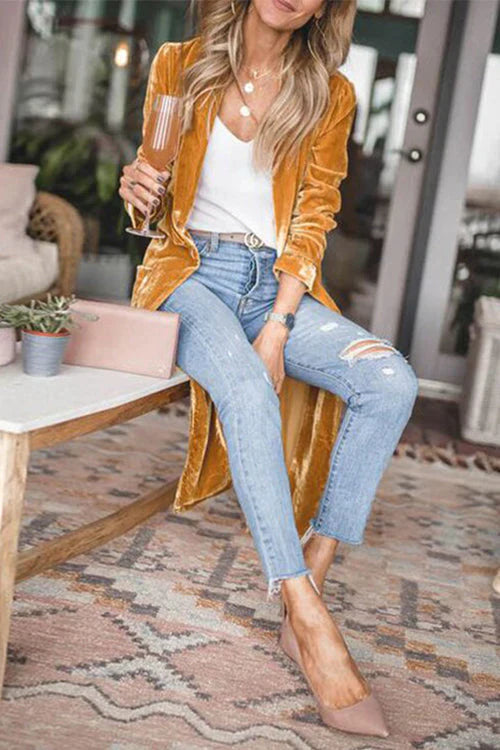 Chicest Lapel Open Front Long Sleeve Velvet Coat