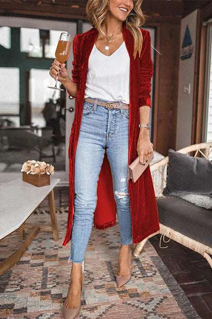 Chicest Lapel Open Front Long Sleeve Velvet Coat