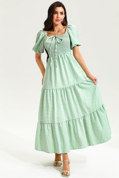 Lattice Short Sleeve Square Collar Midi Dress