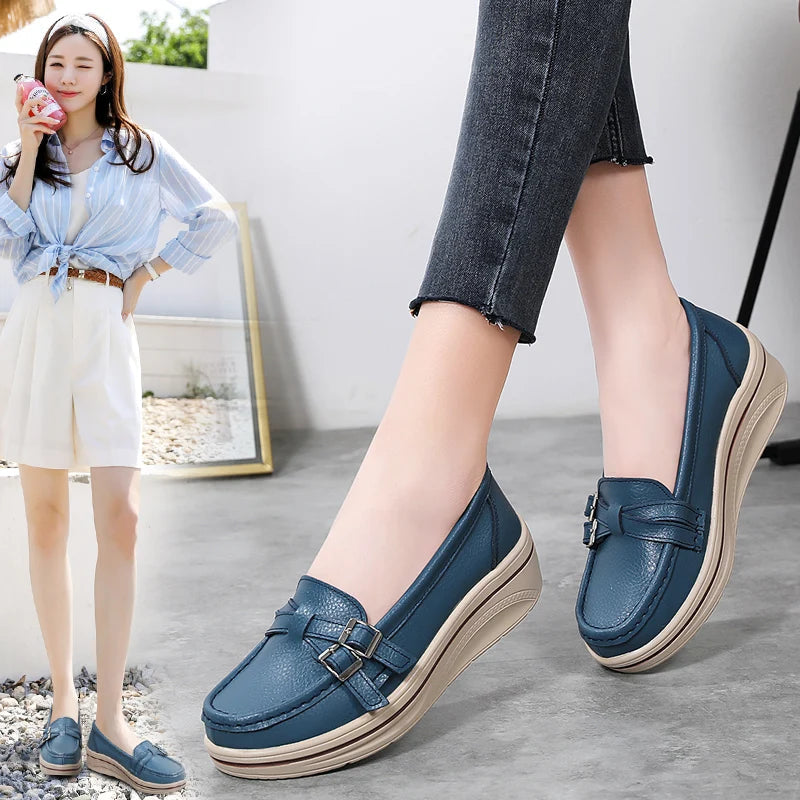 Leather Wedge Platform Orthopedic Slip on Comfort Flats Loafers