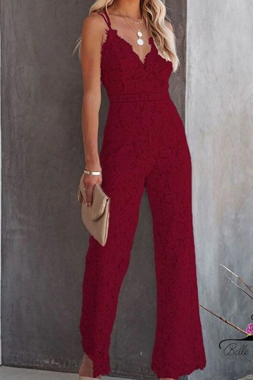 V Neck Waisted Cami Lace Jumpsuit