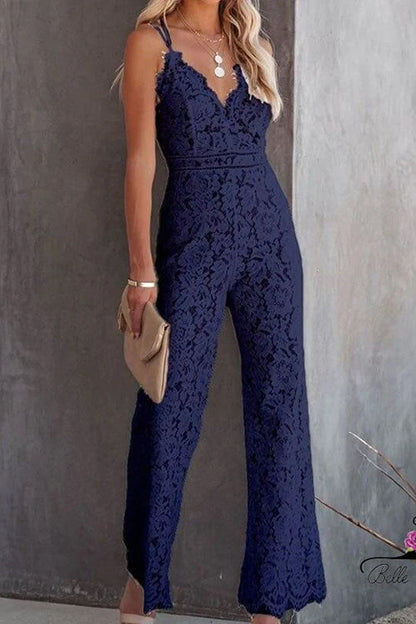 V Neck Waisted Wide Leg Cami Lace Jumpsuit