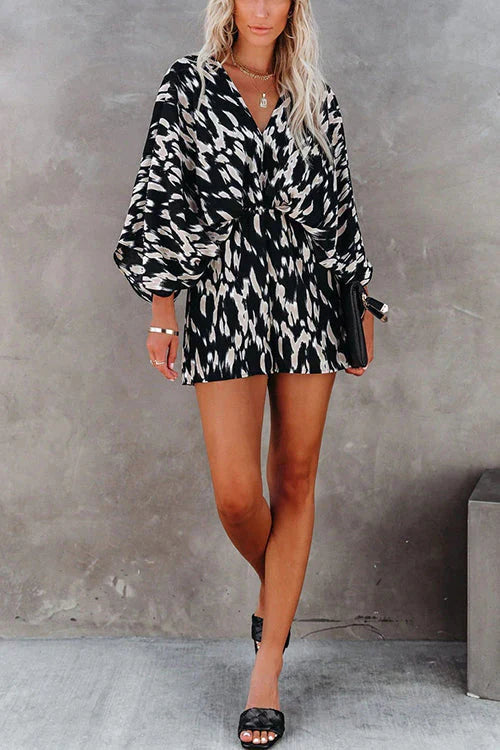 V Neck Batwing Sleeve Waisted Printed Jumpsuit