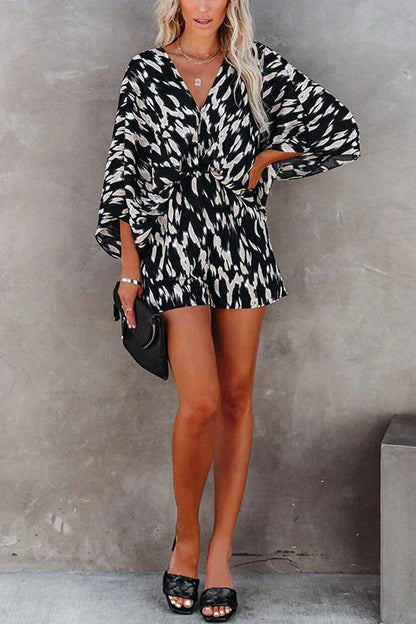 V Neck Batwing Sleeve Waisted Printed Jumpsuit