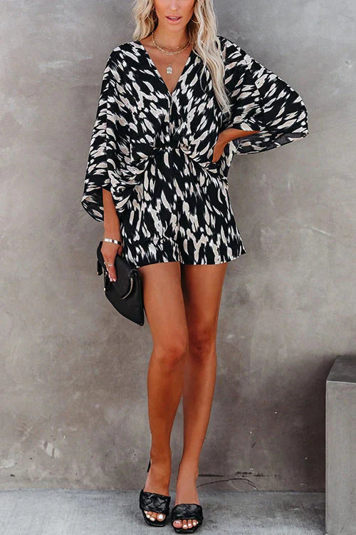V Neck Batwing Sleeve Waisted Printed Jumpsuit