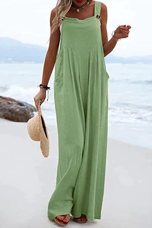 Buttons Wide Leg Tank Jumpsuit With Pockets