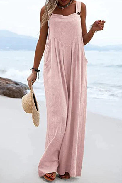 Buttons Wide Leg Tank Jumpsuit With Pockets