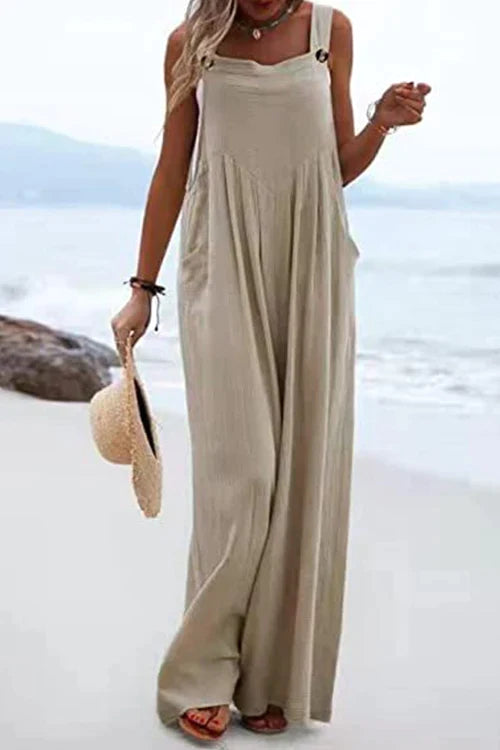 Buttons Wide Leg Tank Jumpsuit With Pockets