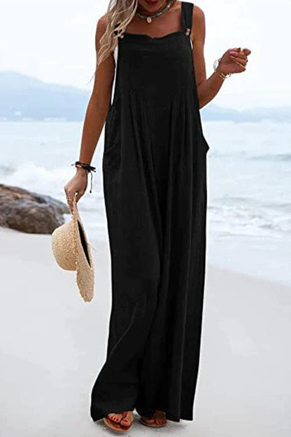 Buttons Wide Leg Tank Jumpsuit With Pockets