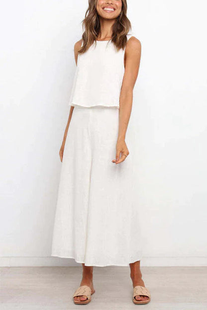 Crewneck Sleeveless Top and Wide Leg Pants Set