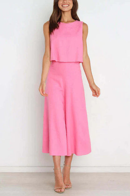 Crewneck Sleeveless Top and Wide Leg Pants Set