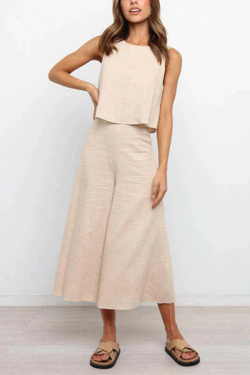 Crewneck Sleeveless Top and Wide Leg Pants Set