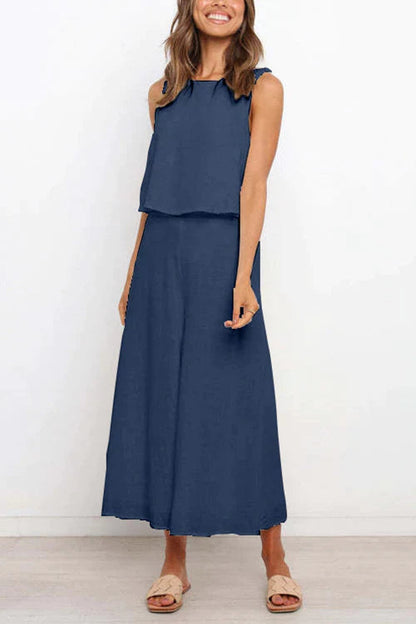 Crewneck Sleeveless Top and Wide Leg Pants Set