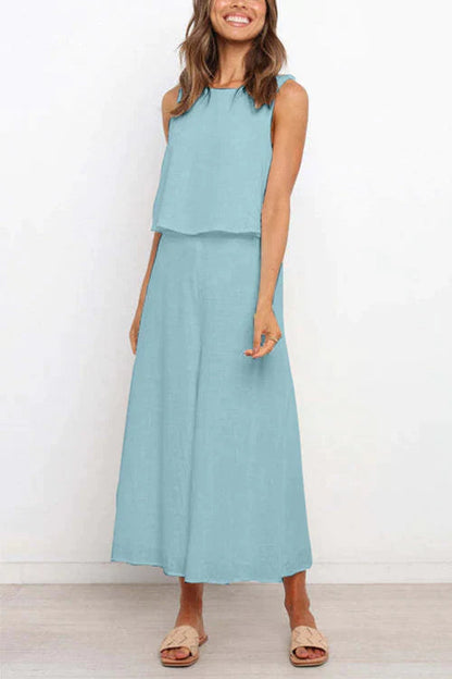 Crewneck Sleeveless Top and Wide Leg Pants Set