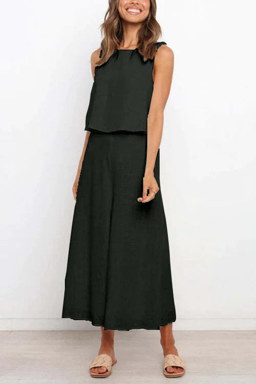 Crewneck Sleeveless Top and Wide Leg Pants Set