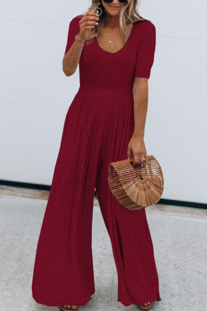 U Neck Short Sleeve Ruched Wide Leg Jumpsuit