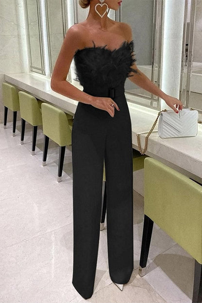 Off Shoulder Feather Splice Belted Jumpsuit