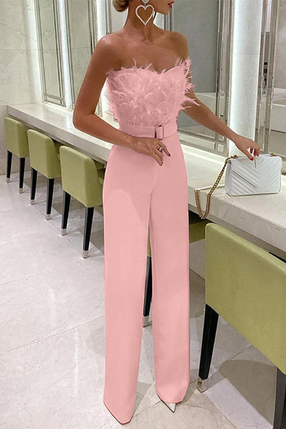 Off Shoulder Feather Splice Belted Jumpsuit