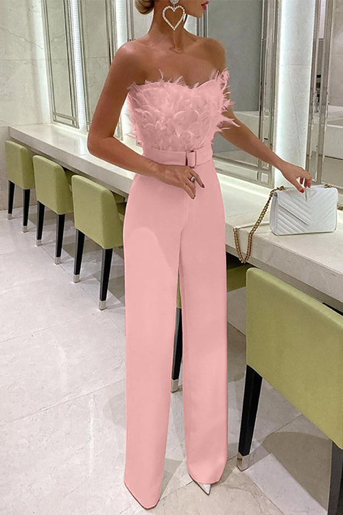 Off Shoulder Feather Splice Belted Jumpsuit