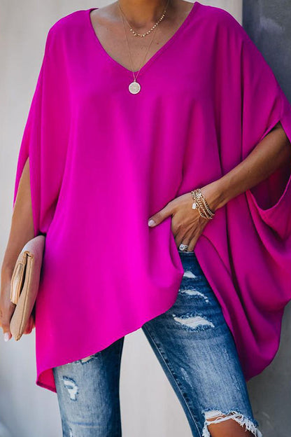 V Neck Half Sleeve Loose Batwing T-shirt