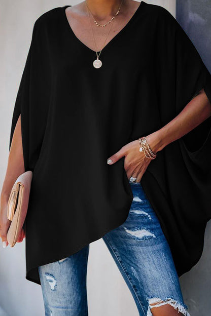 V Neck Half Sleeve Loose Batwing T-shirt