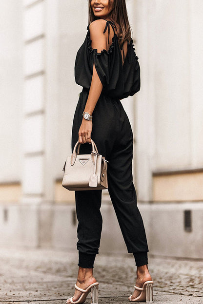 Wrap V Neck Cold Shoulder Elastic Waist Jogger Jumpsuit