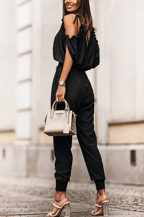 Wrap V Neck Cold Shoulder Elastic Waist Jogger Jumpsuit