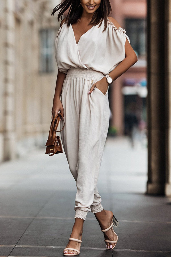 Wrap V Neck Cold Shoulder Elastic Waist Jogger Jumpsuit