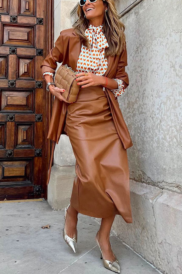Moxidress Ruched Side Split Leather Skirt