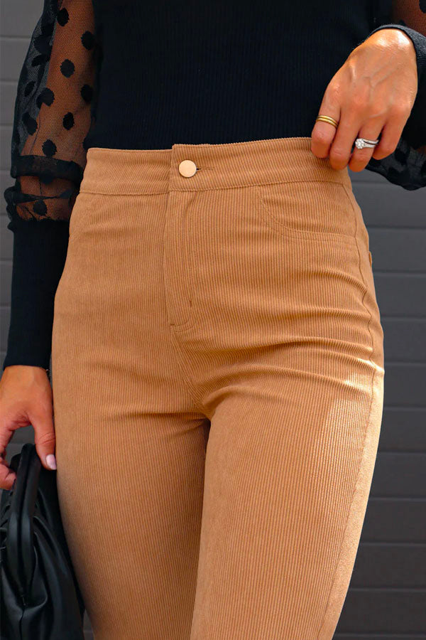 Moxidress One Button Corduroy Flare Pants With Pockets