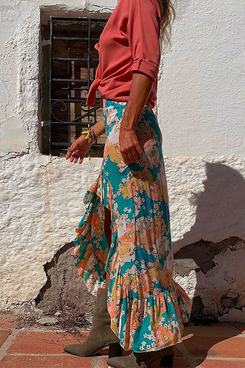 High Split Ruffle Printed Bodycon Skirts