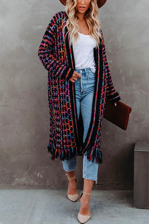 Tassel Open Front Multi-colored Print Knit Cardigans