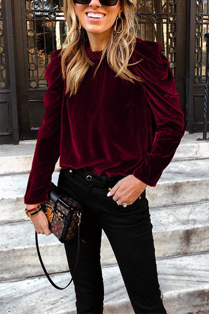 Turtleneck Puff Sleeve Loose Velvet Sweatshirt