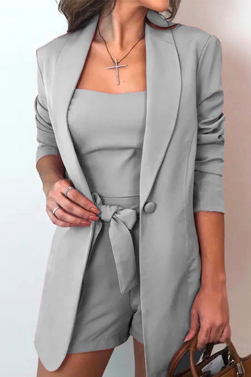 Square Collar Top and One Button Cardigans Tie Waist Shorts Three Pieces