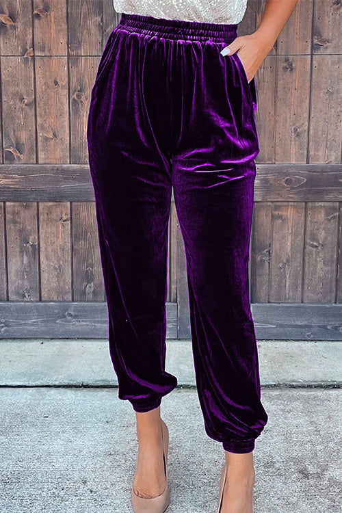 Moxidress Elastic Waist Velvet Joggers Pants With Pockets